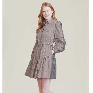 Pearl by Lela Rose Women Mini Dress Medium Long Sleeve Belt Collar Check…